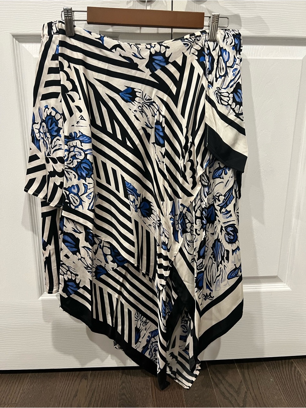 MAEVE Black & White Striped Floral handkerchief Skirt with Blue Accents